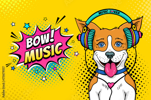Wow pop art dog face. Funny happy surprised dog with open mouth with tongue in colorful headphones listening to the music and relax Vector illustration in cartoon comic style. Party invitation poster.