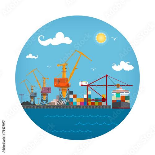 Seaport Icon, Unloading Containers from a Cargo Ship in a Docks with Cargo Crane, Container Ship at the Dock, International Freight Transportation, Vector Illustration