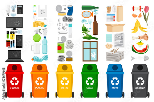 Garbage containers and types of trash photo