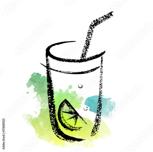 Sketch of cocktail glass on a watercolor splash background.