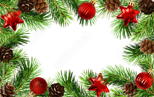 Holiday frame with Christmas tree twigs, cones, and balls