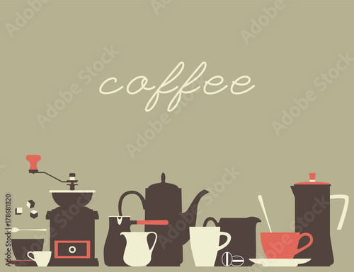 Coffee background. A set of flat dishes icons for a coffee house. Vector illustration.