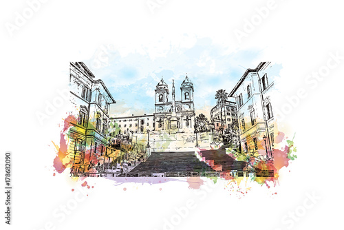 Watercolor sketch with color splash of The Spanish Steps are a set of steps in Rome, Italy in vector illustration.