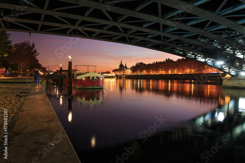 Dusk under Pont de Lafayette over the Rhone river in Lyon, France.