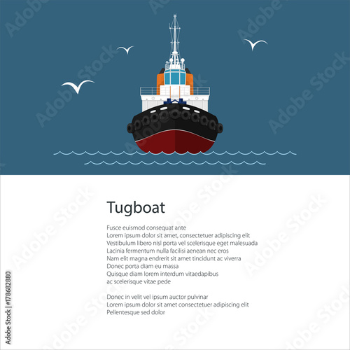 Industrial Vessel Tugboat , Push Boat and Text ,Poster Brochure Flyer Design, Vector Illustration