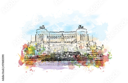 Watercolor sketch with color splash of Altar Of The Fatherland (Altare Della Patrian) Rome, Italy in vector illustration.