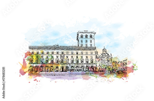 Watercolor sketch with color splash of Palazzo Venezia Rome, Italy in vector illustration.