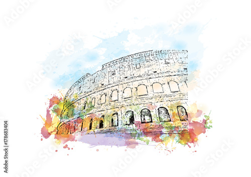 Watercolor sketch with color splash of Colosseum Rome, Italy in vector illustration.