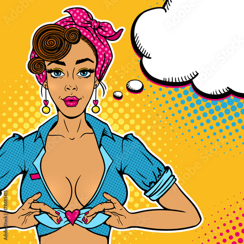 Pop art female face. Young sexy woman with big chest tying a shirt into a knot in the form of heart and speech bubble. Vector bright illustration in retro comic pop art style. Party invitation poster.