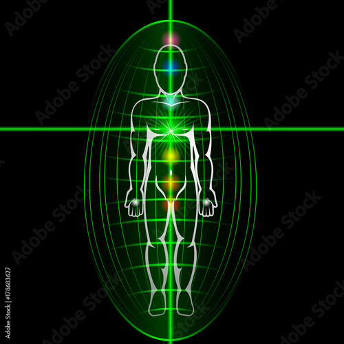 Heart chakra activation concept. Man with shining aura. Vector illustration.
