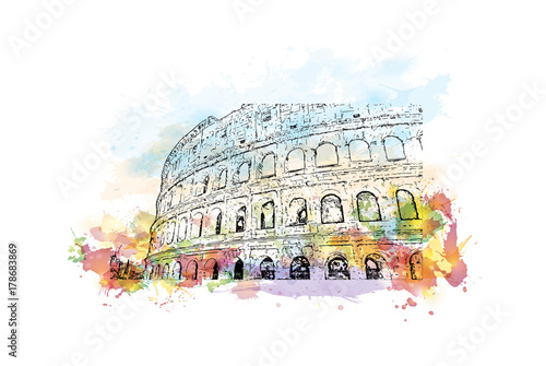 Watercolor sketch with color splash of Colosseum Rome, Italy in vector illustration.