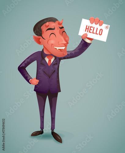 Devil Businessman Demon Character Demonstration Call Card Greeting Suit Banking Vintage Hand Icon Retro Cartoon Design Vector Illustration
