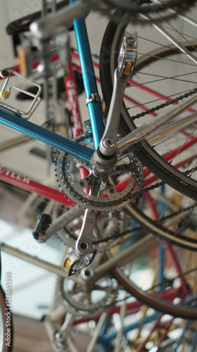hanging bicycles in bike shop