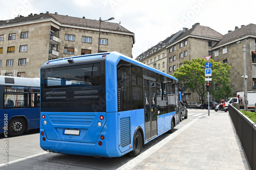 Blue buses on the streets of Budapest, Hungary