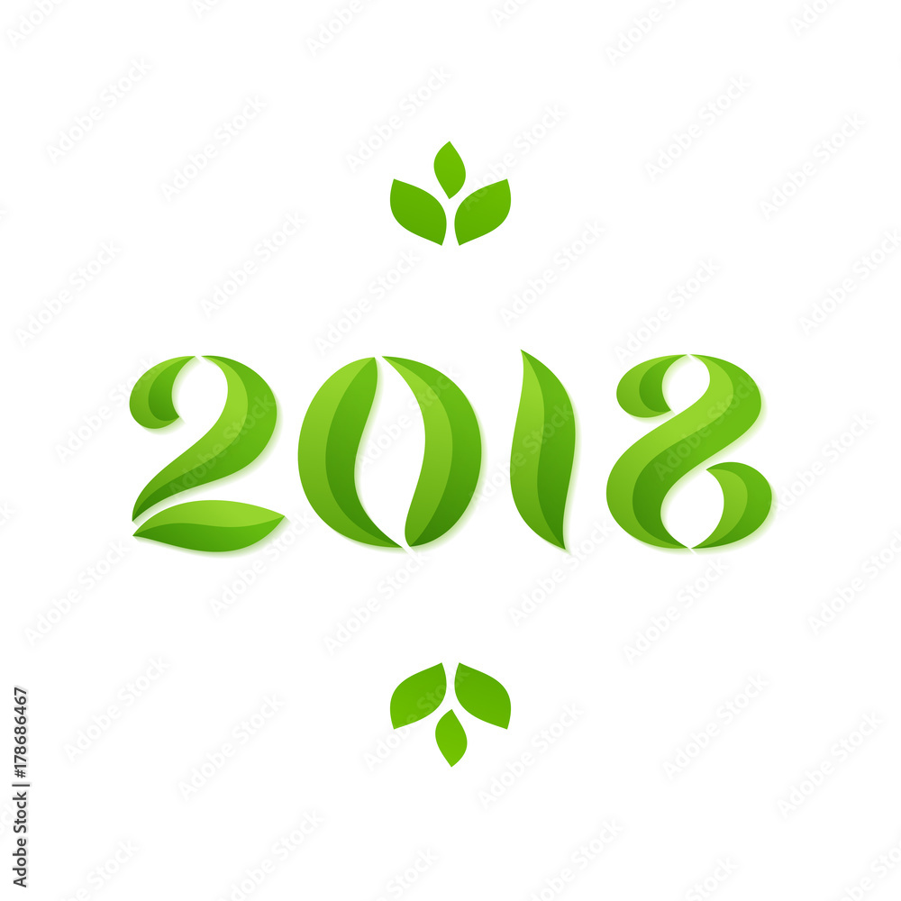 Happy new year 2018 eco leaves greeting card design - obrazy, fototapety, plakaty 