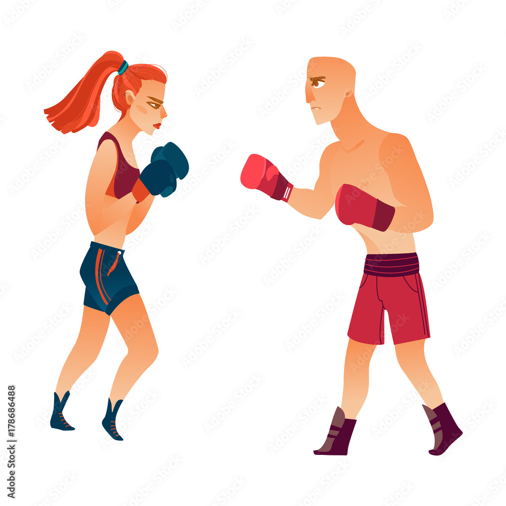 vector cartoon stylized muscular strong cute beautiful woman, girl and strong man in boxing stand with green red gloves in fighting position set. Isolated illustration on a white background.