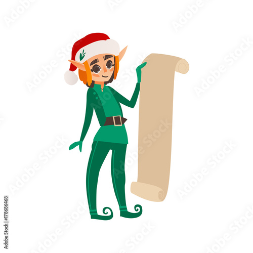 Christmas elf, Santa little helper in green clothes holding scroll with present list, flat cartoon vector illustration isolated on white background. Portrait of Christmas elf with Santa present list