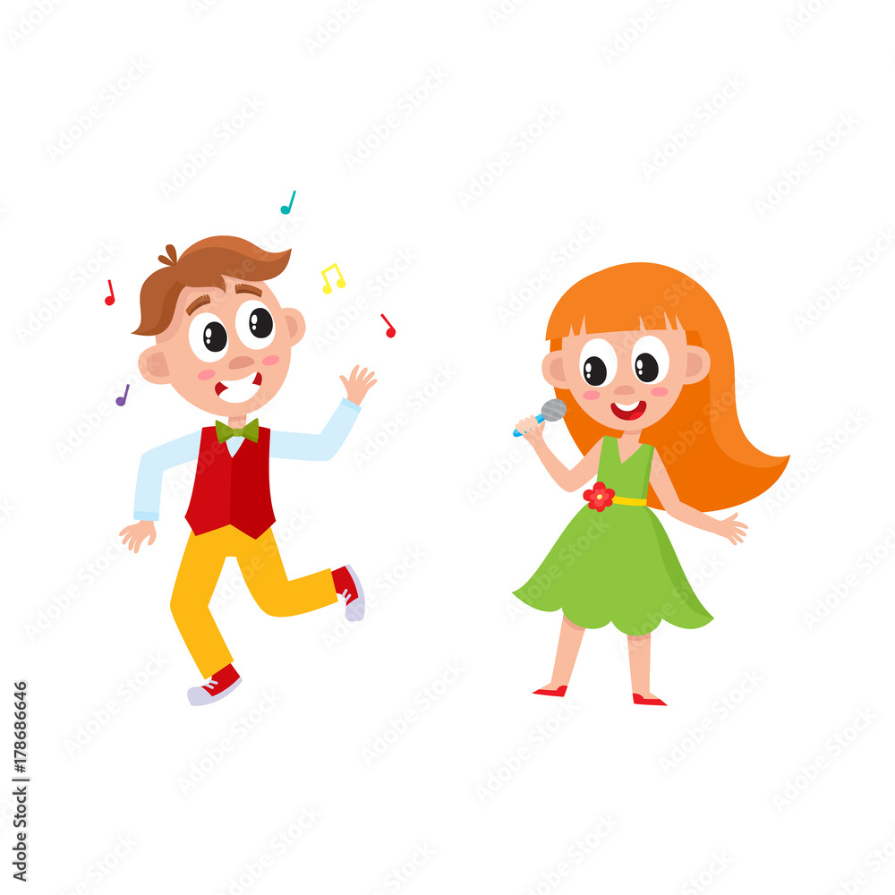 vector flat cartoon boy and girl kid dancing in party hat, throwing musik  confetti and singing at microphone smiling . isolated illustration on a  white background. Kids patty concept Stock Vector |