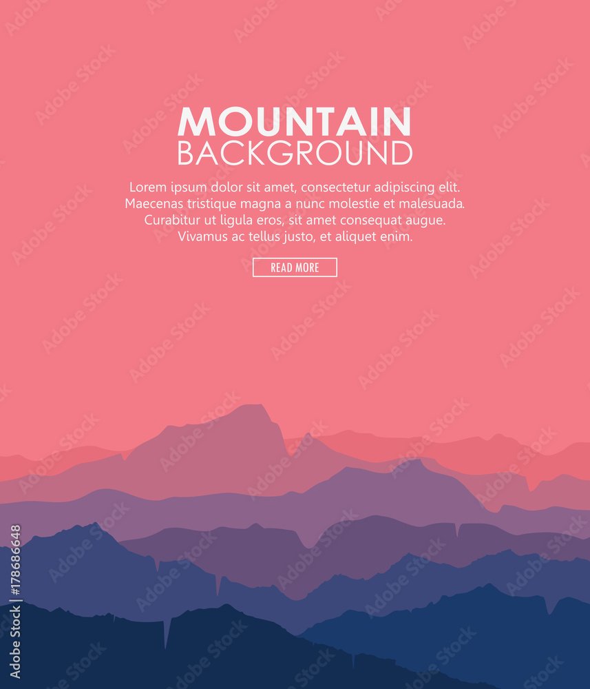Landscape with blue and purple silhouettes of mountains and hills with beautiful red evening sky. Huge mountain range silhouettes in twilight. Vector vertical illustration. - obrazy, fototapety, plakaty 