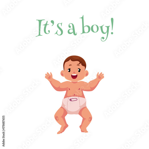 vector flat cartoon style newborn cute infant baby boy toddler in diaper or nappy smiling lying on his back, it's a boy inscription. Isolated illustration on a white background.