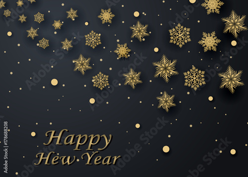 Layout Happy New Year golden and black color space for text Christmas balls  and snowflakes. Golden bokeh  light and ribbons. Vector illustration