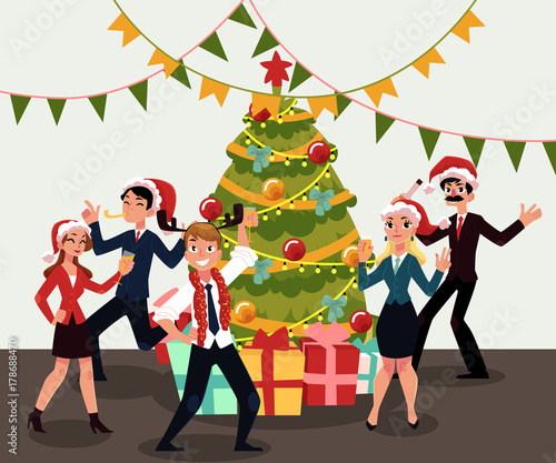 People in Santa Claus hats having corporate Xmas party, celebrating Christmas in office, cartoon vector illustration. People in Santa Claus hats having fun at Christmas party, dancing around Xmas tree