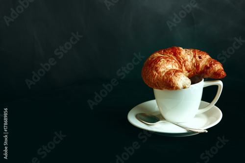 Fototapeta Naklejka Na Ścianę i Meble -  French Cafe - Red Coffee Cup - Croissant Chalkboard Menu On Table