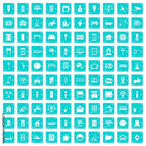 100 smart house icons set grunge blue
