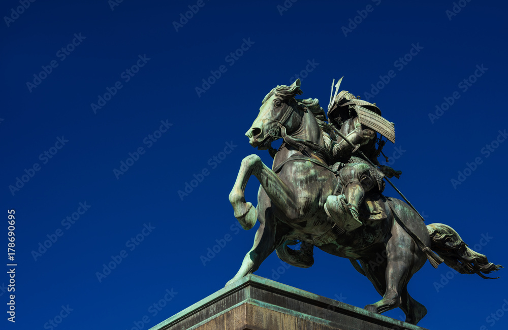 Kusunoki Masashige samurai bronze equestrian statue erected in 1897 in the center of Tokyo (with copy space)