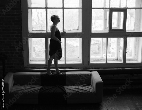 A woman in a silk dress is standing in the background of a window  a female silhouette  a large window