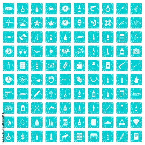 100 smuggling goods icons set grunge blue