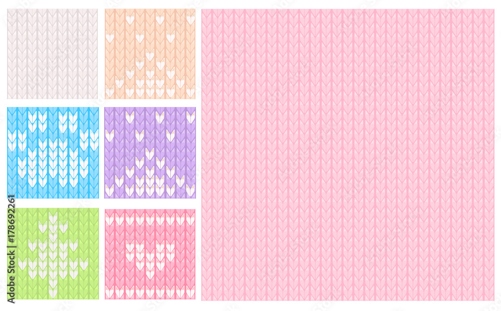 Pink and pastel knitted seamless pattern. Vector knit texture for kids and baby. Christmas winter background.
