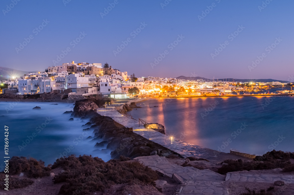 Naxos castle and harbour, HDR image after dusk with lights
