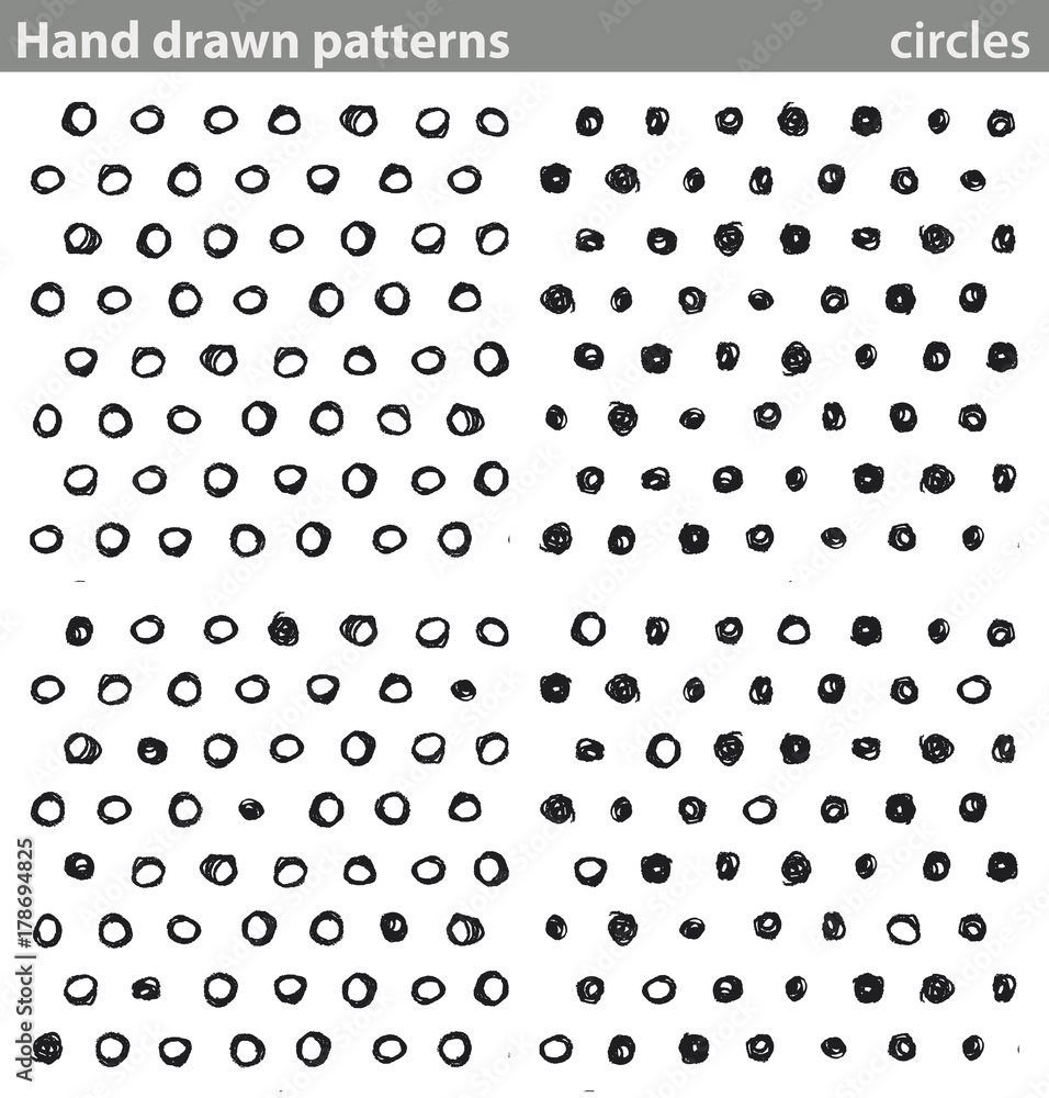 Hand drawn patterns, circles. Four different seamless patterns made with hand drawn circles. Hand drawn patterns, circles. Four different seamless patterns made with hand drawn circles.