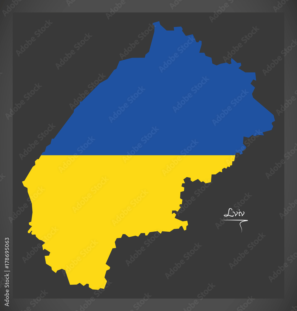 Lviv map of Ukraine with Ukrainian national flag illustration Lviv map of Ukraine with Ukrainian national flag illustration