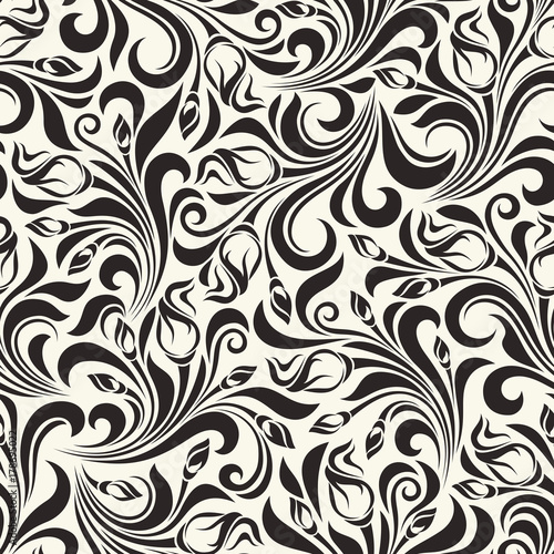 Vector seamless black and white floral pattern.