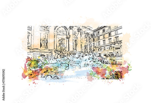 Watercolor sketch with color splash of Trevi Fountain Rome, Capital of Italy in vector illustration.