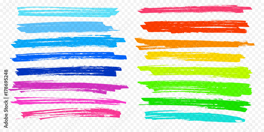 Highlight brush underline hand drawn strokes set. Vector marker or color pen lines in yellow, red, orange, green, blue highlighter strokes on transparent background - obrazy, fototapety, plakaty 