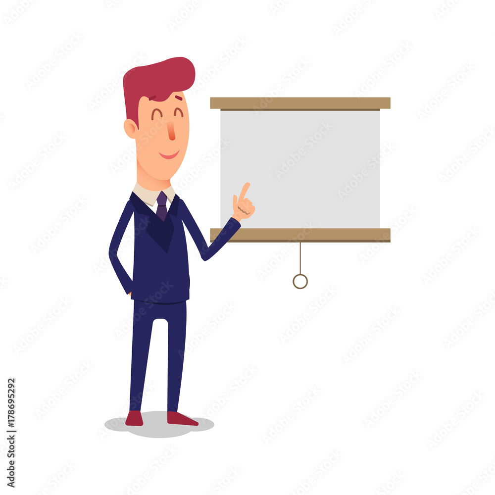 Business man character points to the board. Cartoon successful businesman in suit shows the presentation. Young office manager in flat style shows a new project. Professional salesman on a white Business man character points to the board. Cartoon successful businesman in suit shows the presentation. Young office manager in flat style shows a new project. Professional salesman on a white