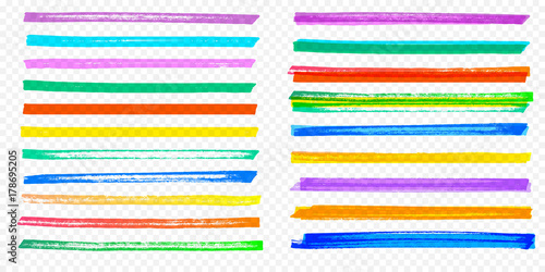 Highlight brush stroke set. Vector color marker pen lines. Yellow, red, orange, green, blue and purple underline hand drawn highlight strokes on transparent background