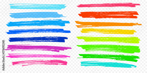 Highlight brush underline hand drawn strokes set. Vector marker or color pen lines in yellow, red, orange, green, blue highlighter strokes on transparent background