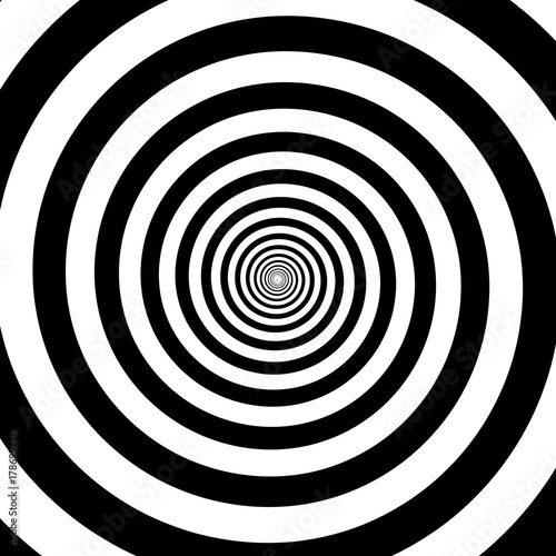 Hypnotic circles abstract vector optical illusion spiral swirl. Hypnotize circular pattern background of black and white rotating circles or psychedelic hypnosis lines in hypnotic motion