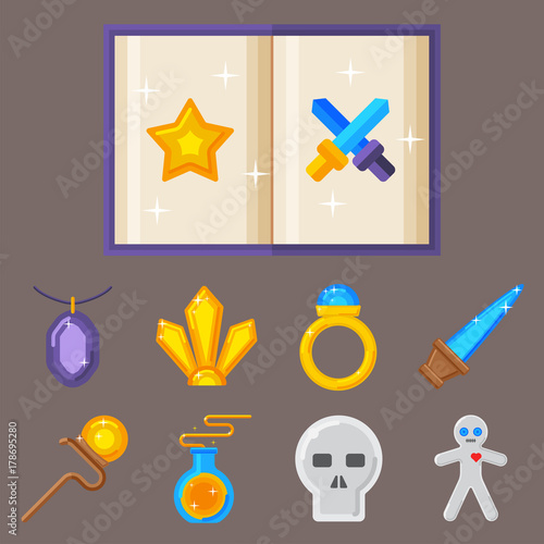 Special magic symbol magician fantasy carnival mystery tools cartoon miracle decoration vector illustration.