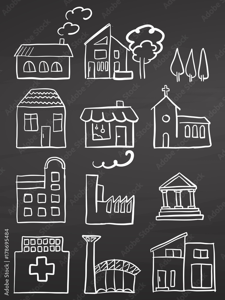 Various House Sketches on Chalkboard