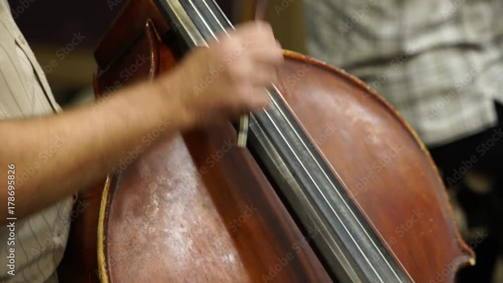 Hands playing the contrabass close up Hands playing the contrabass close up