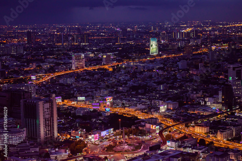 Konstfotografi Cityscape of Bangkok city at night time with city line light, Bangkok, Thailand,