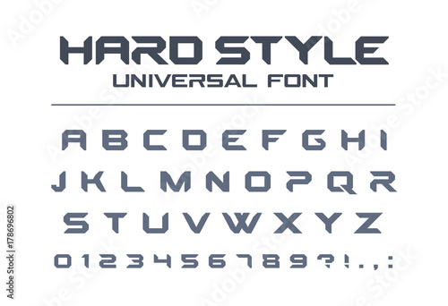 Hard style universal font. Military, army, sport, futuristic technology, future techno alphabet. Letters and numbers for heavy industrial, space game logo design. Modern minimalistic vector typeface