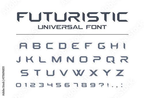 Futuristic universal font. Geometric, future techno alphabet. Letters and numbers for military, industrial, technology, racing sport, electric car logo design. Modern minimalistic vector typeface