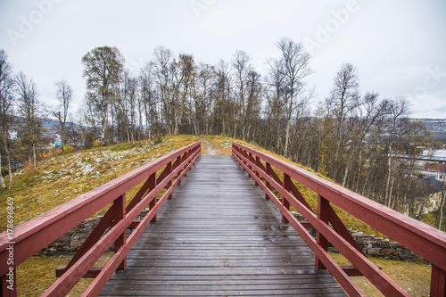 A beautiful autumn landscape in Norway with a wooden bridge. Colorful, natural scenery. © dachux21