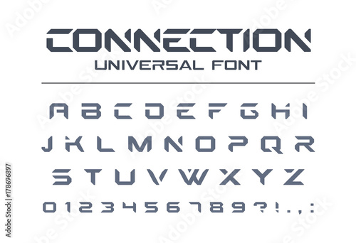 Technology connect universal font. Geometric, aggressive sport, futuristic, future techno alphabet. Letters and numbers for military, electric industry logo design. Modern minimalistic vector typeface